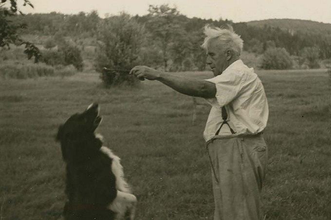 Robert Frost with his dog, Gillie